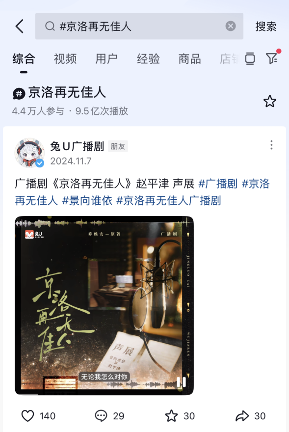 兔U独家！《京洛再无佳人》广播剧开播首周话题热度破百万